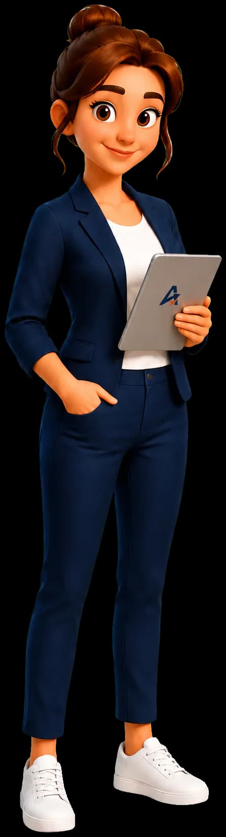 Julia, mascotte Aspire Énergie tenant une tablette avec le logo Aspire