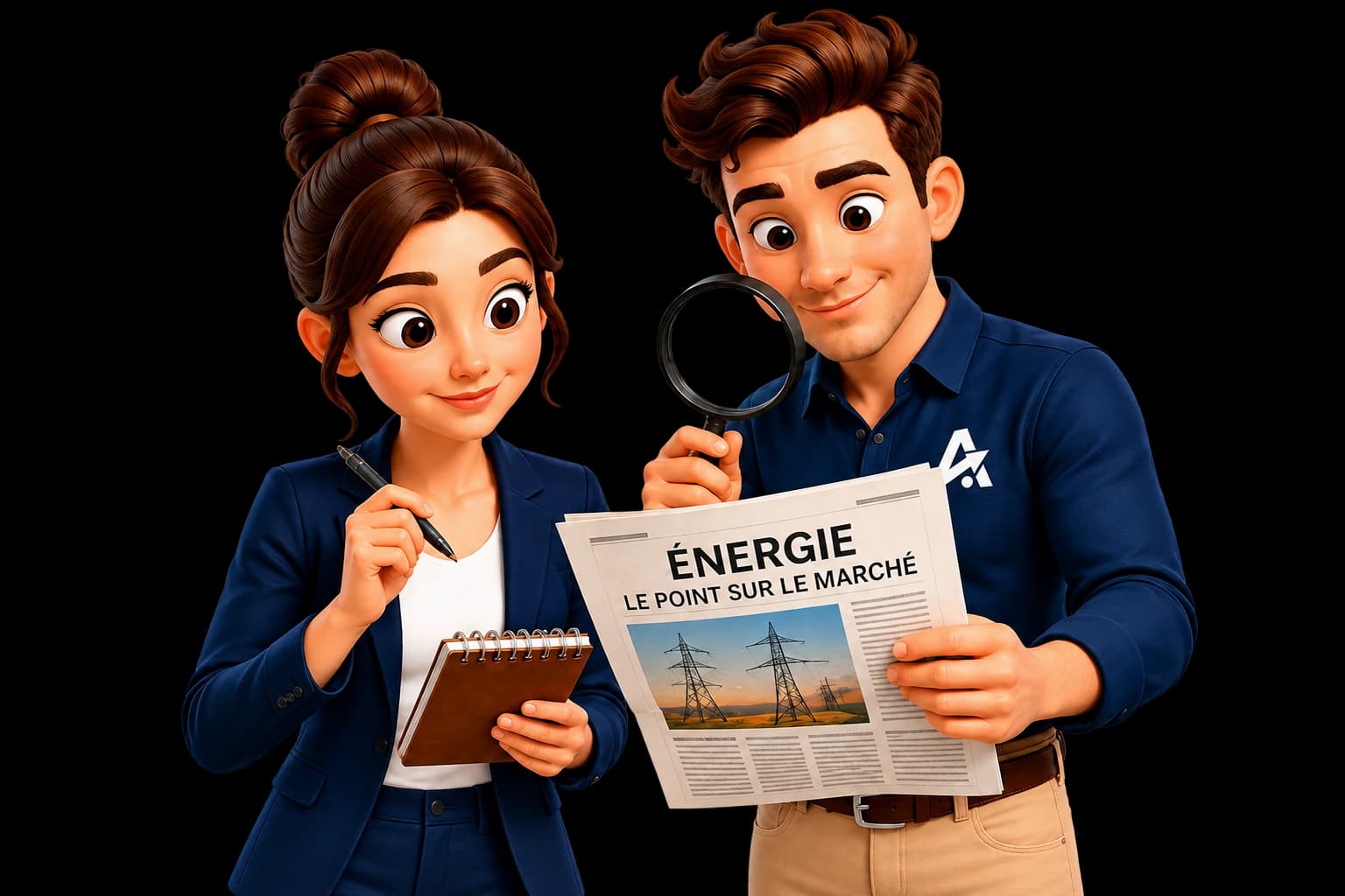 Julia prend des notes pendant que Tom décrypte un journal sur le marché de l’énergie avec une loupe